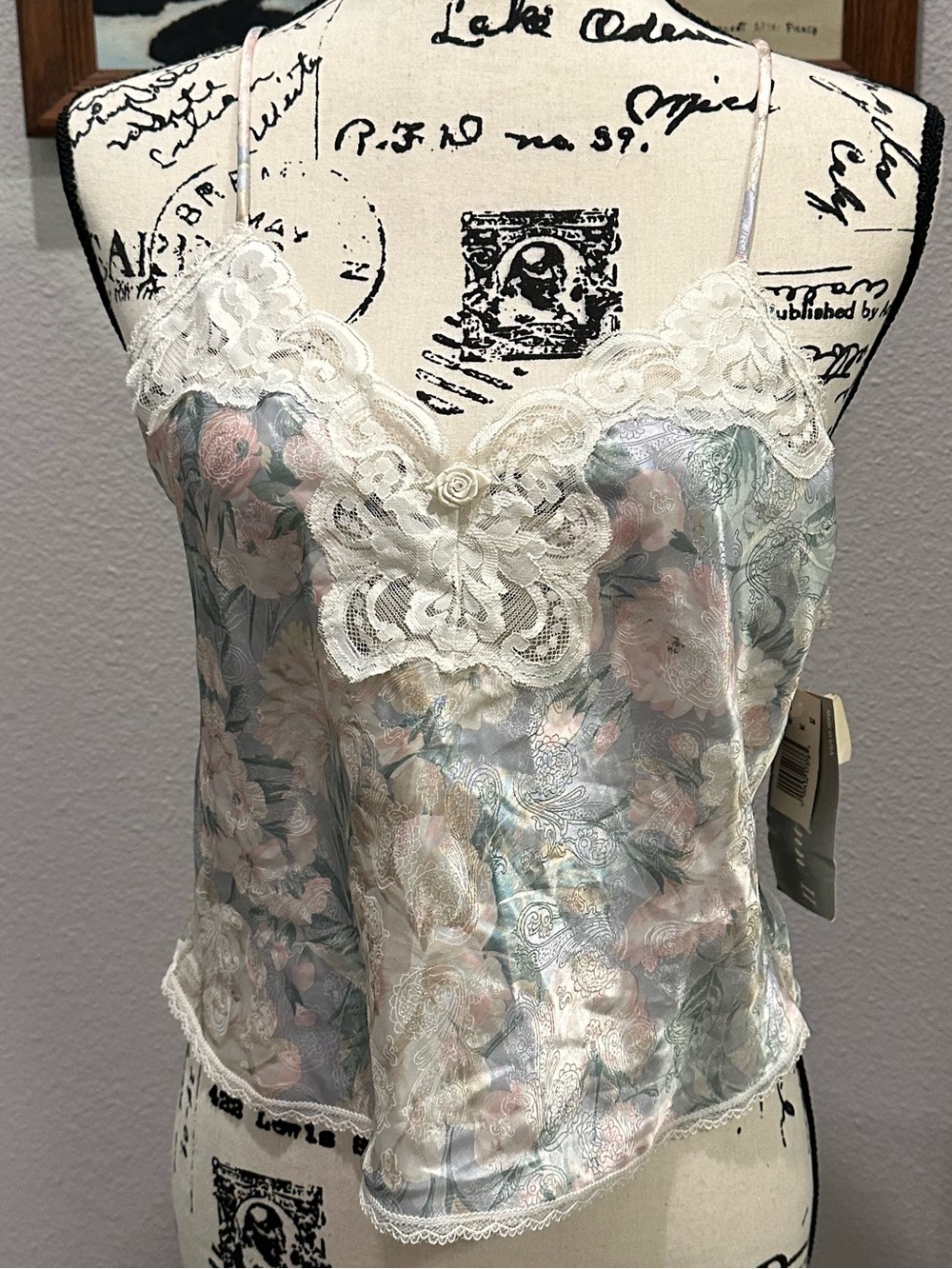 Floral Satin Lace-Trim Cami in Pastel Blue and Pink
